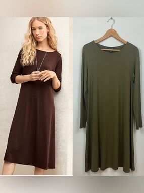 EILEEN FISHER Viscose-Jersey Olive Green Midi Dress Sz M